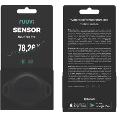 Ruuvi Tag Pro 2-in-1 bezvadu Bluetooth temperatūras (°C/°F) un kustības sensors Brīdinājumi un vēsture Bezmaksas Android/iOS aplikācijas, integrētas ar Victron, Homey un Home Assistant Ražots Eiropā