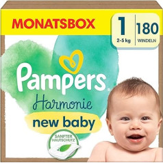 Подгузники Pampers Baby Размер 1 (2-5 кг), Harmonie, 0% компромисса, 100% впитываемости, Ингредиенты, растительного происхождения, гипоаллергенные, 180 подг