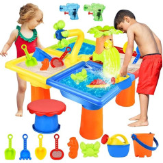 JONRRYIN 4 IN 1 Sand Wasserspieltisch, 27 PCS Wassertisch Strandspielzeug, Matschtisch Strandtisch Kinder, Sandkastentisch für Kinder, Wasser Outdoor Aktivität Sommer Sand Spielzeug Mädchen Junge (A)