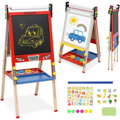 3-in-1 Children's Easel with Paper Roll, Foldable Double-Sided Whiteboard and Chalkboard, Wooden Art Easel, Height Adjustable with Sticker, Painting Accessories, Storage Tray for Boys and Girls from 3