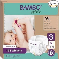 Bambo Nature autiņbiksītes 3. izmēra (4-8 kg) 168 gab. ikmēneša kastē | Augstas kvalitātes autiņbiksītes ar uzlabotu aizsardzību pret noplūdi | Maksimāls komforts un brīvība jaundzimušajiem | Dermatoloģiski pārbaudītas autiņbiksītes