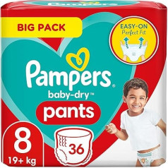 Pampers Baby Dry autiņbiksītes, 8. izmērs (19 kg+), īpaši lielas, 36 autiņbiksītes, liels iepakojums, viegli uzvelkamas, ideāli piemērotas