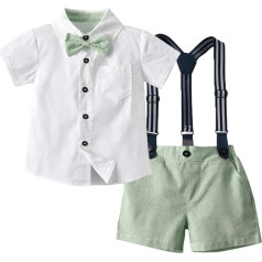 FYMNSI Baby Boys Festive Suit Set Toddler Gentleman Outfit Kids Short Sleeve Shirt with Bow Tie + Braces + Shorts 4-Piece for Wedding Birthday Christening