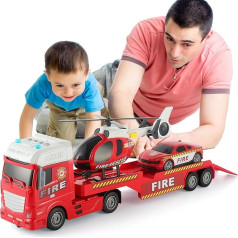 GAGINAN Feuerwehrauto Spielzeug mit Sound und Licht, 65cm Hubschrauber, Polizeiauto, Anhänger 3-in-1 großen Fahrzeugspielzeug Set, Geschenk für Jungen und Mädchen im Alter 3-6 (Fire Truck)