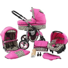 ChillyKids 3-in-1 Mega Set All in One Isofix Dino bērnu ratiņi rozā un leopards 3-in-1 ar bērnu sēdeklīti