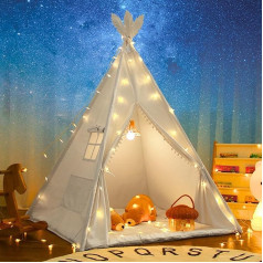 LIONHERZ® Teepee telts bērniem no 100% kokvilnas ar mīksto paklājiņu, somiņu un spalvu rotājumu [Stabils] Tippi bērnu telts Teepee spēļu telts (tīri balta)