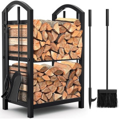 Amagabeli Firewood Rack, Firewood Rack with 4 Fireplace Tools, 74 x 40 x 30 cm, Firewood Stand for Indoor and Outdoor Use, Wood Rack for Fireplace, Stove, Cutlery, Wrought Iron, Black