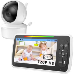 Bērnu monitors ar kameru 720p Video Baby Monitor 5 collu LCD ekrāns Bērnu monitors ar 2X tālummaiņu, infrasarkano nakts redzamību, VOX režīms, tālvadības pults PTZ, taimeris, mūzika, Eco režīms, 3000 mAh, 300 m pārraide,