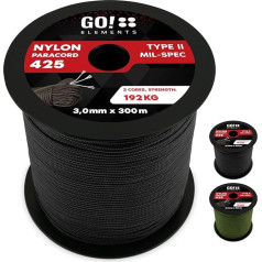 GO!elements 100 m Paracord virve no plīsumiem izturīga neilona - 3 mm Paracord 425 Type II Max. 192 kg - Virves kā āra virve, universāla virve, izdzīvošanas virve, aproce, suņa pavadas, neilona aukla, krāsa: 1: