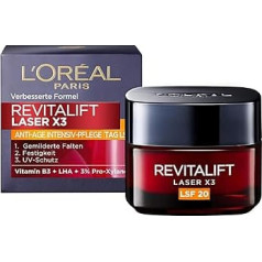 L'Oréal Paris dienas krēms ar SPF 20, pretnovecošanās sejas kopšanas līdzeklis ar trīskāršu iedarbību, sejas krēms ar vitamīnu B3 un Pro-Xylane, Revitalift Laser X3, 50 ml.