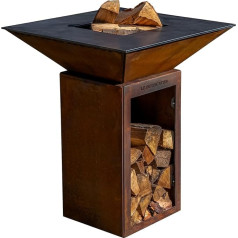 Feuerschale mit Sockel, Aufbewahrung für Holzscheite, Le Bouscatier 74 x 74 x 90 cm, Plancha, Grill, Cortenstahl, für Außen und Garten - mit Grill und Halbring, Handschuhe