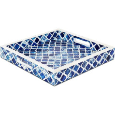 Roku darbs Dekoratīvs Marokas raksts Dabiskā kaula materiāls Brokastu kafijas galds Serving Tray izmērs 12x12 Resin Blue White