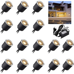 16 x 12 V LED Recessed Spotlights, Warm White, LED Recessed Floor Spotlights, Outdoor, IP67 Waterproof, 0.6 W, Diameter 32 mm, Indoor, Outdoor, Patio, Kitchen, Garden, Decorative Light, 2800 K (Set of