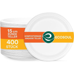 ECO SOUL Pearl White Round 15 cm papīra šķīvji (iepakojumā 400 gab.), vienreizlietojamie trauki un 100 % kompostējami, videi draudzīgi ballīšu trauki, izturīgi kempinga trauki, mikroviļņu krāsnī un cepeškrāsnī izmantojami trauki