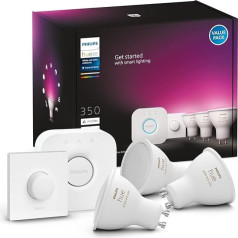 Philips Hue White & Color Ambiance GU10 starter komplekts, ieskaitot viedo pogu un tiltiņu, 3 x 350 lm, regulējams, 16 miljoni krāsu, vadāms ar lietotni, saderīgs ar Amazon Alexa (Echo, Echo Dot)