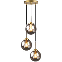 MZStech Industrial Retro Loft 3 Way Pendant Light, klastera lustra piekaramā lampa ar misiņa armatūru ar stikla bumbu abažūru (pelēks)