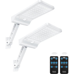 Moman Saules lampas āra gaismām, 2 saules lampu komplekts ar kustības sensoru, 3 režīmi, IP65 ūdensizturība, 2200 mAh, āra sienas lampas, saules baterijas ar tālvadības pulti, baltas, saules lampa, āra kustības sensors,