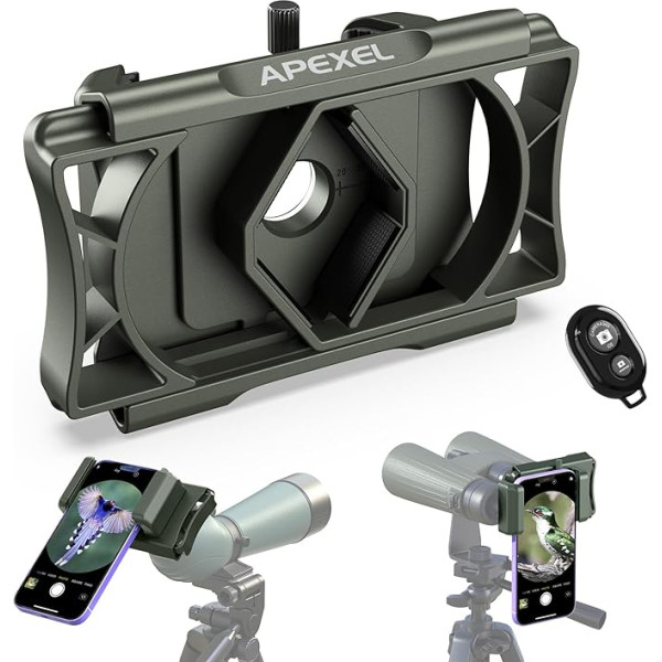APEXEL universālais mobilā tālruņa adapteris ar tālvadības pulti 360° pagrieziena leņķī, saderīgs ar binokulāriem, monokulāriem un mikroskopiem, teleskopiskais adapteris visiem viedtālruņiem (zaļš)