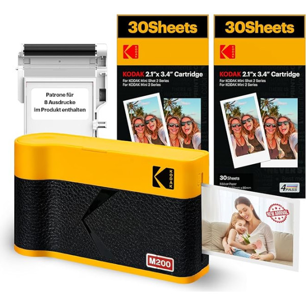 KODAK Mini 2 ERA 4PASS mobilais fotoprinteris (5,3 x 8,6 cm) + 8 loksnes komplektā + 60 lapu kasetne, dzeltens