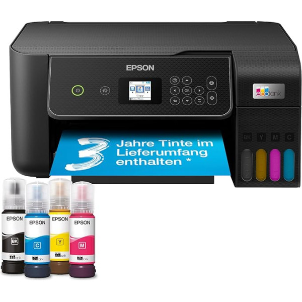 Epson EcoTank ET-2870 daudzfunkcionālais printeris 3-in-1 A4 A4 lielas ietilpības atkārtoti uzpildāmas tvertnes 4 pudeles 3600 lappušu B/N 6500 lappušu Krāsains LCD displejs USB Wi-Fi/ tiešais divpusējs melns