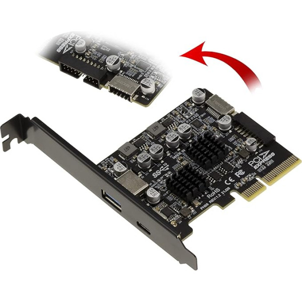 KALEA-INFORMATIQUE PCIe USB 3.2 Gen2 10G kontrollera karte ar 2 ārējiem A un C pieslēgvietām un 2 iekšējiem 19 punktu un E tipa pieslēgvietām Mikroshēmas ASM 3142 un Via VLI VL822