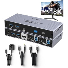 MT-VIKI 8K60Hz HDMI KVM slēdzis 2 pieslēgvietu 2 datoru 1 monitora atbalstam Tastatūras pele ar 4 x USB 3.0 4K@120/144Hz 2K@165Hz 1080P@240Hz HDMI 2.1& HDCP 2.3