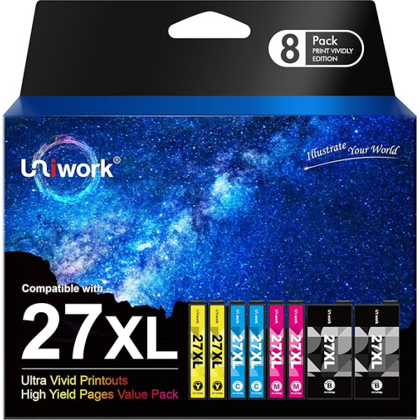 Uniwork 27XL daudzpaku drukas kasetnes, kas saderīgas ar Epson 27 XL Workforce WF-3620 WF-3640 WF-7110 WF-7210 WF-7210 WF-7610 WF-7620 WF-7710 WF-7715 WF-7720 (iepakojums var atšķirties), 8 gab.