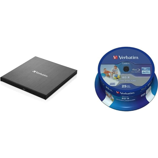 Verbatim Slimline ārējais Bluray rakstītājs ar USB 3.2 kabeli, ārējais DVD un Bluray ierakstītājs, Bluray atskaņotājs un DVD diskdzinis atskaņošanai Ultra HD 4K formātā, komplektā ietilpst 25 virtenes Datalife Blu-ray 25GB