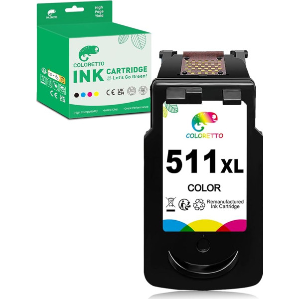 COLORETTO 511XL krāsaina tintes kasetne, kas atjaunota Canon 511XL CL-511 printeru kasetnēm Canon Pixma MP270 MP280 MP230 MP240 MP250 iP2700 MP495 MP490 printeriem