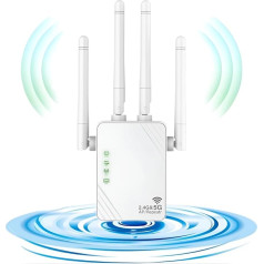 ANDHOT WiFi retranslators, WiFi Extender, 2023 WiFi pastiprinātājs, 1200 Mbps, 5 GHz / 2,4 GHz, Dual Band Anti-Jamming, retranslators/maršrutētājs/AP, 4 antenas, 2 LAN pieslēgvietas mājai, birojam XL-Z04
