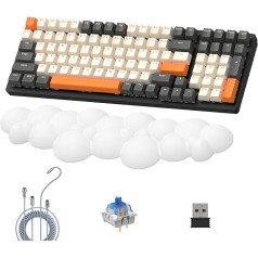 Lexonelec K6 Wireless Mechanical Keyboard with White Cloud Wrist Rest, 100 Keys, 4000mAh, Wired/2.4GHz/BT 5.0, RGB Backlight, Coiled Cable for Gaming, Twilight Blue Switch