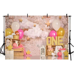 MEHOFOND 7x5ft Pink Princess Happy 1st Birthday Party Backdrop Kids Girls Balloon Bunny Gold Star Brick Wall Photography Background Photoshoot Props Decor Banner Portrait Accessories