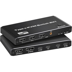 Tendak USB-C KVM slēdzis, 2 portu C tipa KVM slēdzis USB-C KVM slēdzis ar 4 USB 2.0 pieslēgvietām atbalsta 8K@60Hz, 4K@120Hz, 100W PD ātrā uzlāde, 2 datoru koplietošana, pele, tastatūra un DisplayPort/HDMI monitors