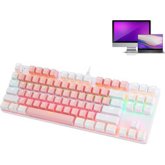 Mehāniskā rozā spēļu tastatūra, 87 taustiņi, vadu USB portatīvo datoru tastatūra, RGB fona apgaismojums, īpaši kompakta tastatūra datoram (rozā un balta)