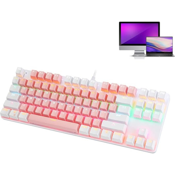 Mehāniskā rozā spēļu tastatūra, 87 taustiņi, vadu USB portatīvo datoru tastatūra, RGB fona apgaismojums, īpaši kompakta tastatūra datoram (rozā un balta)