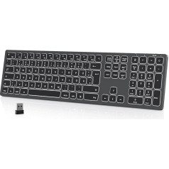 seenda bezvadu tastatūra ar apgaismotu bezvadu tastatūru, bezvadu tastatūra ar baltu LED fona apgaismojumu, QWERTZ izkārtojums, uzlādējama ultraslima pilna izmēra bezvadu tastatūra Windows PC/Laptop/Tablet, kosmosa pelēka