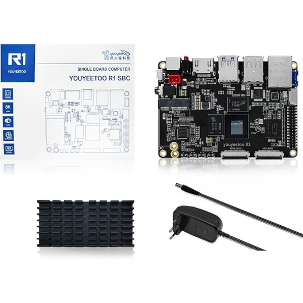 youyeetoo R1 vienplates dators Basic Rockchip RK3588S -8K displejs - Atbalsta HDMI 2.1, SATA 3.0, PCIe 2.0 SSD, USB Host x5, NFC AIoT/NAS - Android 13/Debian (4GB RAM + 32GB eMMC (Power Kit))