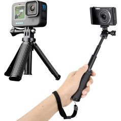 YALLSAME Mini statīvs GoPro Hero 12 11 10 9 8 7 6 5 4 rīcības kamerai, pārnēsājams pagarināms Vlog selfiju statīvs ar tālruņa klipu, kas saderīgs ar iPhone, viedtālruni, digitālajām kamerām