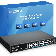 24 pieslēgvietu PoE komutators bez vadības, 24 pieslēgvietu PoE+@320W, 2 Gigabit Uplink pieslēgvietas, NICGIGA 26 pieslēgvietu tīkla Power Over Ethernet komutators, VLAN režīms, 250 m pagarinājums, 19 collu RackMount, Plug and Play.