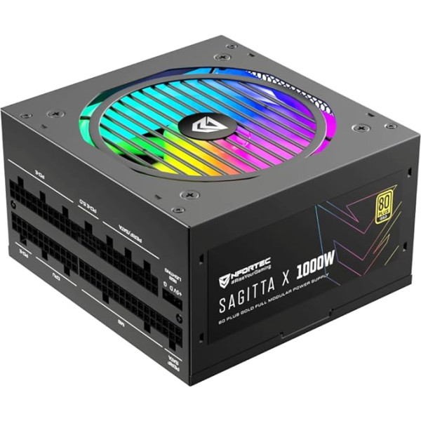 Nfortec - SAGITTA X Power Supply 750W Full Modular ATX 80+ Gold, 120mm ARGB Fan, Colour and Light Effects, PCIE 5.0, Black