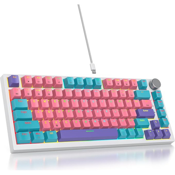 SOLIDEE vadu mehāniskā spēļu tastatūra 75%, karsti nomaināma mehāniskās tastatūras blīvējuma struktūra, RGB fona apgaismojums, QWERTY 82 taustiņi TKL spēļu tastatūra ar rotējošo pogu (82 rozā)