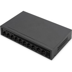 DIGITUS 10 Port Gigabit Ethernet PoE Switch - Unmanaged - 8 RJ45 PoE Ports + 2 RJ45 Ports - 60W PoE Budget - CCTV Mode - 10/100/1000 Mbps - Black