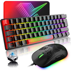 LexonElec Gaming Keyboard (Red Black) UK Layout Mechanical Gaming Keyboard RGB 14 Backlight Effects Mini 62 Keys Cable Type C + Lightweight RGB 6400DPI Honeycomb Mouse + Mouse Pad Compatible