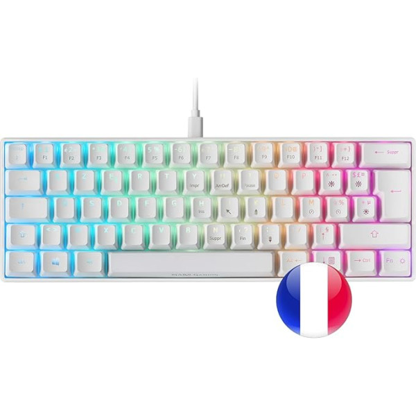 Mars Gaming MKMINIWBFR, īpaši kompakta mehāniskā tastatūra, Full RGB Chroma, slēdzis OUTEMU PRO Blue, balta, franču valoda