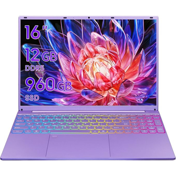 UDKED Laptop, 16 Inch FHD IPS Display, Intel N95 (up to 3.4 GHz), 12G DDR5, Backlight Keyboard/Fingerprint Recognition/German Keyboard Film (German System) (Purple/12G + 960G SSD)