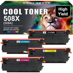 Vėsus toneris, suderinamas su HP 508X 508A CF360X Color Laserjet Enterprise M553 M552 MFP M577 M552dn M553dn M553n M553x CF360A CF361X CF362X CF363X (juodas, žydras, geltonas, purpurinis, 4 pakuotės)