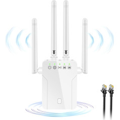 WLAN pastiprinātājs 1200Mbit/s WLAN retranslators 5 GHz un 2,4 GHz divjoslu signāla pastiprinātājs, retranslators/pieejas punkts/klienta režīms, ar RJ45 tīkla kabeli, WPS, 2 LAN porti, 4 antenas, saderīgs ar visiem WLAN tīkliem.