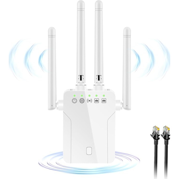 WLAN pastiprinātājs 1200Mbit/s WLAN retranslators 5 GHz un 2,4 GHz divjoslu signāla pastiprinātājs, retranslators/pieejas punkts/klienta režīms, ar RJ45 tīkla kabeli, WPS, 2 LAN porti, 4 antenas, saderīgs ar visiem WLAN tīkliem.