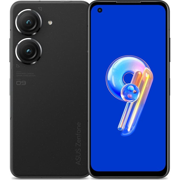 Asus Zenfone 9 viedtālrunis (5,92 collu AMOLED displejs, 50 MP dubultkamera, 4300 mAh akumulators, 8 GB RAM, 128 GB atmiņa), pusnakts melns