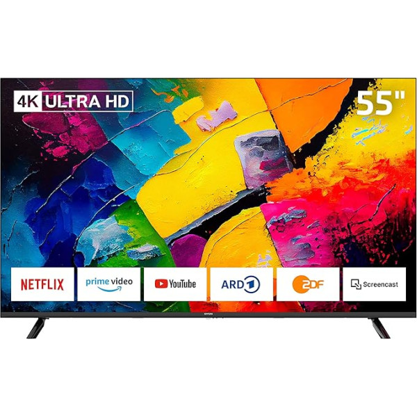 Dyon Smart 55 XT-3 TV, 55 collas (139 cm), 4K Ultra HD Smart TV, HD trīskāršais uztvērējs (DVB-C/-S2/-T2), Prime Video, Netflix un HbbTV (modeļa gads: 2023)